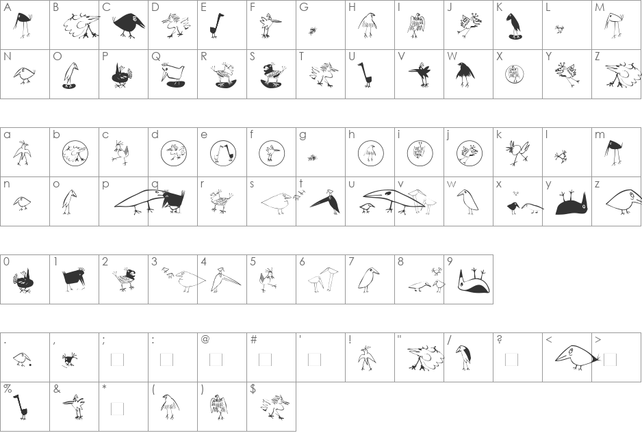 Birds font character map preview