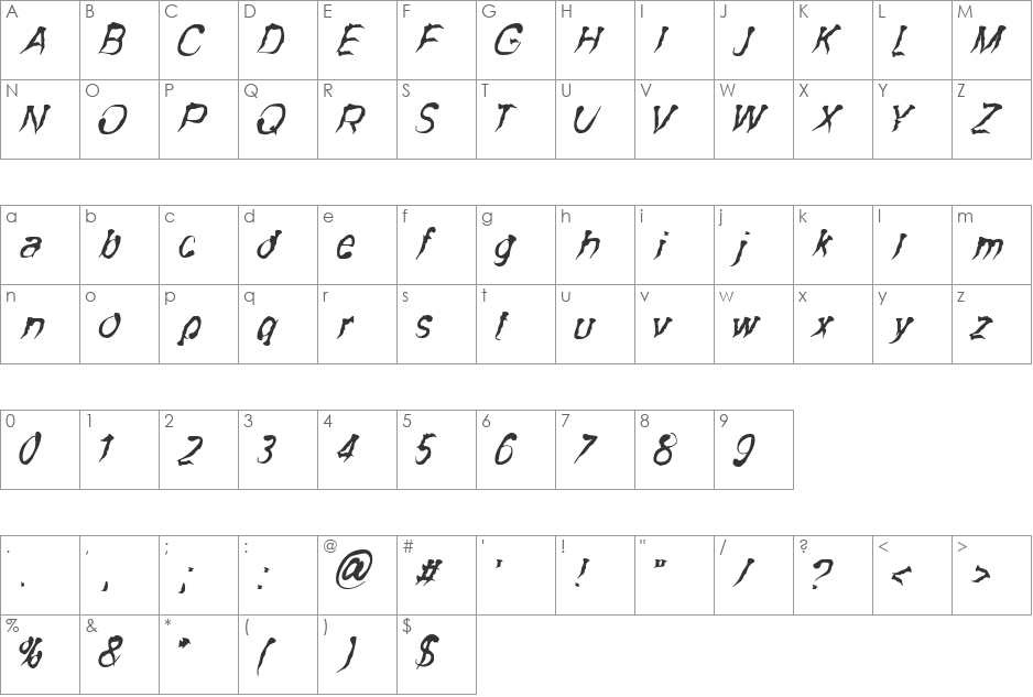 Wintro Mettalic font character map preview