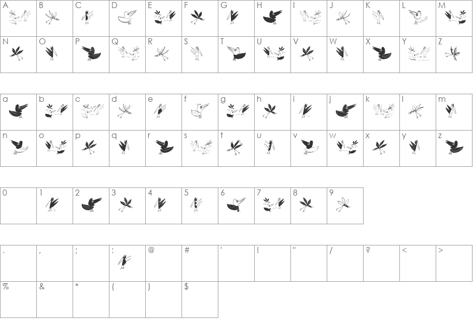 BirdsEtcetera font character map preview
