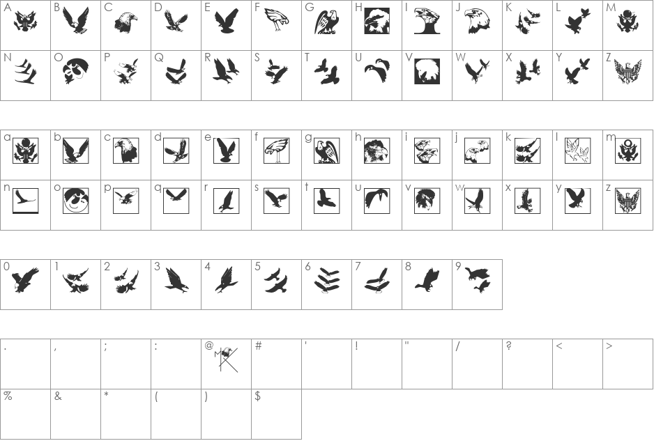 BirdsInHeaven font character map preview