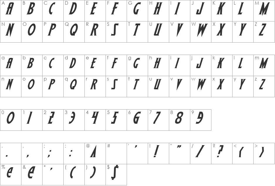 Wolf's Bane Bold Italic font character map preview
