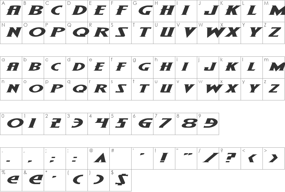 Wolf's Bane Expanded Italic font character map preview