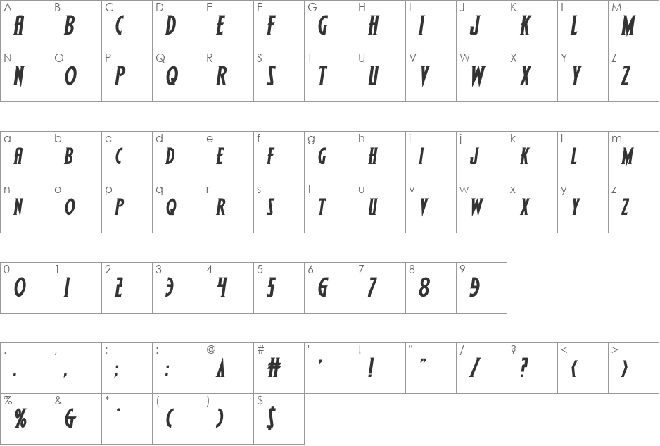 Wolf's Bane II Semi-Italic font character map preview