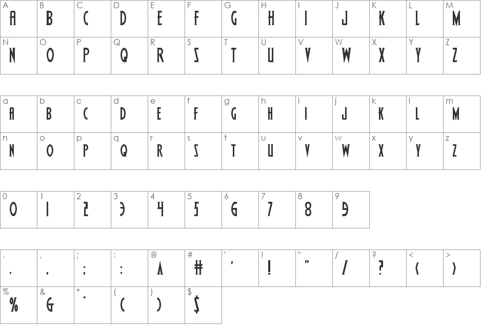 Wolf's Bane Semi-Leftalic font character map preview