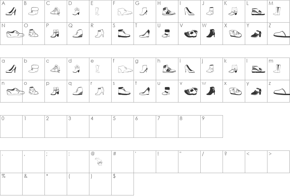 Women And Shoes font character map preview