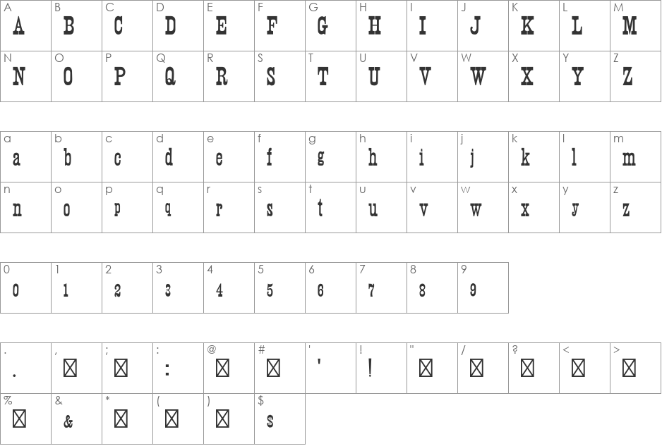 Wood Print font character map preview