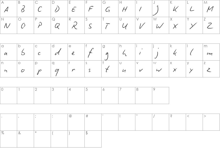 Biro Script reduced font character map preview