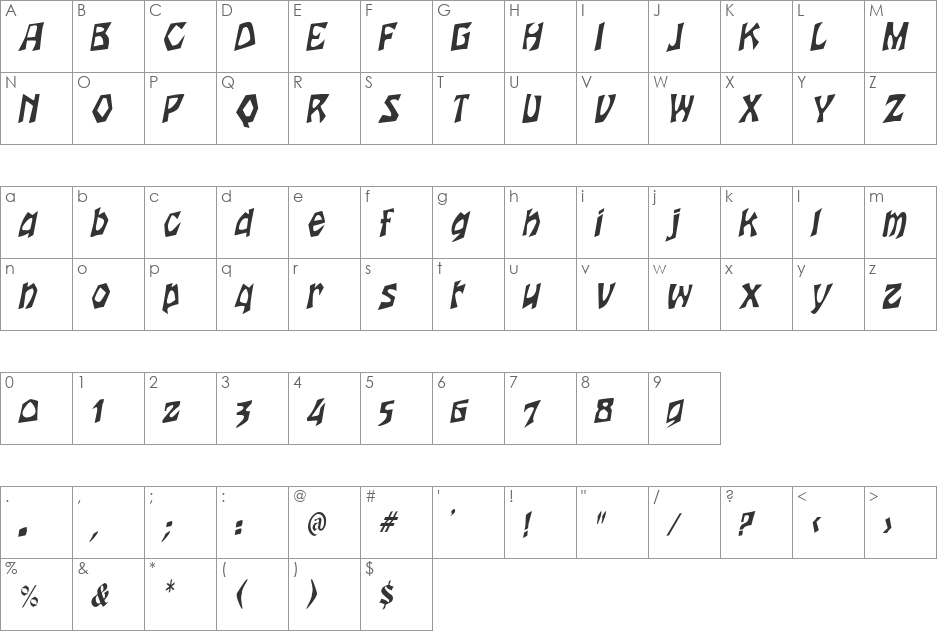 Woodcut-Condensed font character map preview