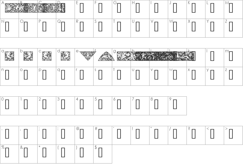 Woodcut1 font character map preview