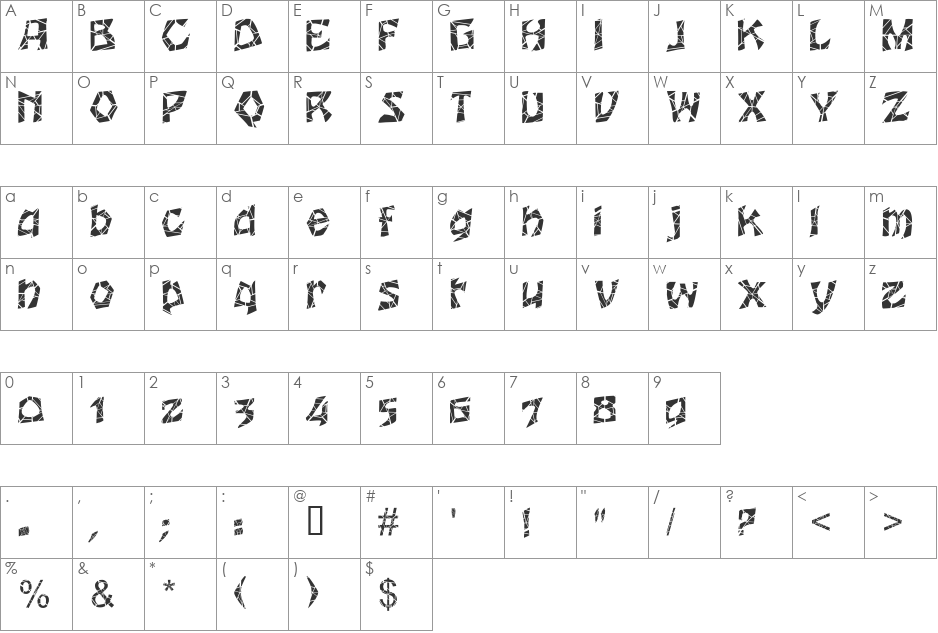 WoodcutCracked font character map preview