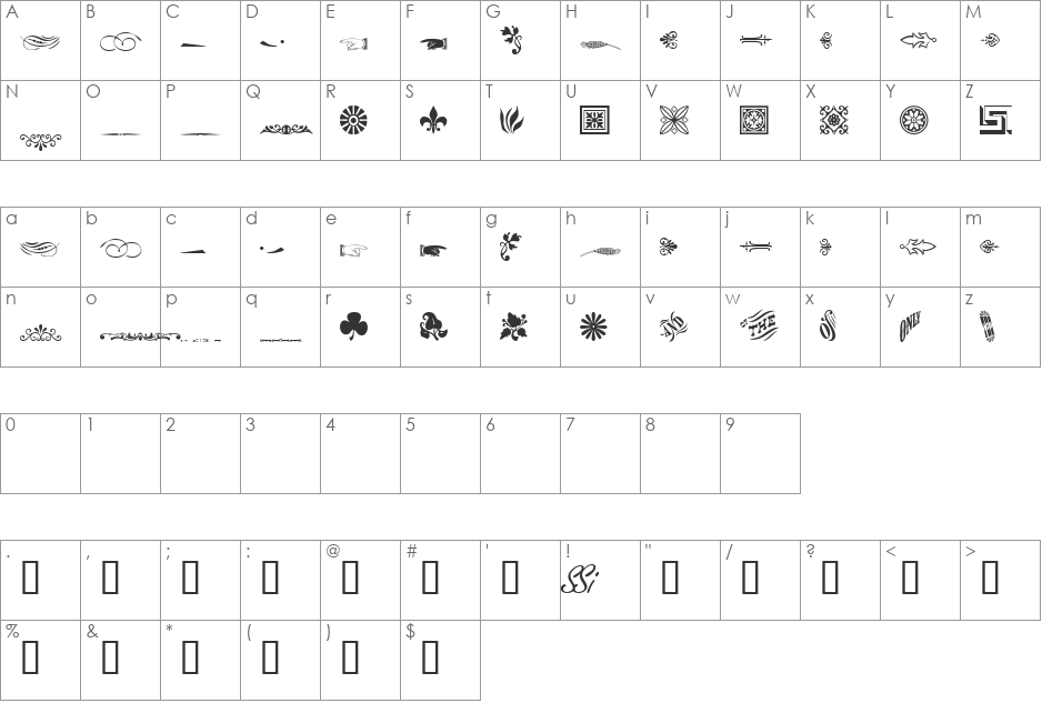 WoodcutOrnamentsTwoSSi font character map preview