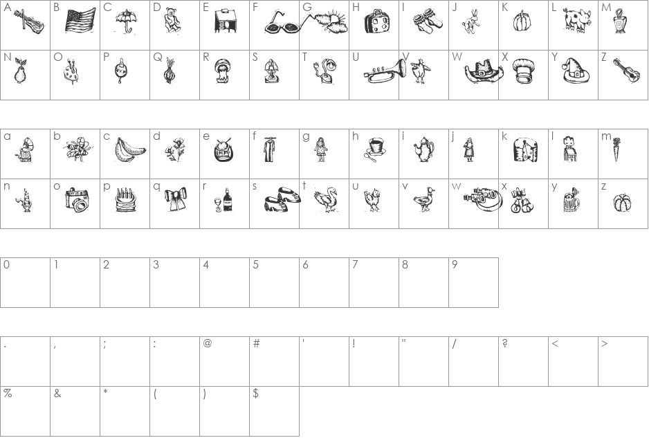 WoodcutsAgain font character map preview