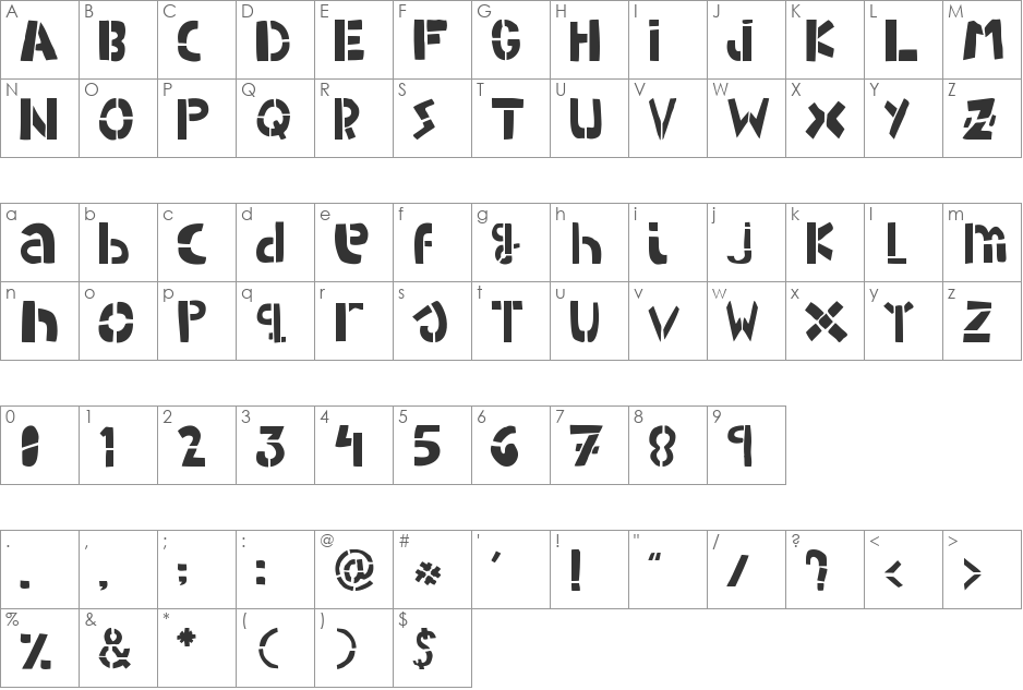WOODCUTTER ARMY (Stencil) font character map preview