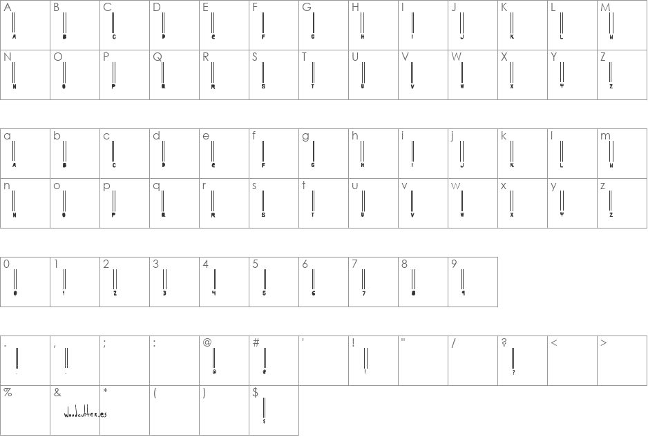 Woodcutter barcode font character map preview