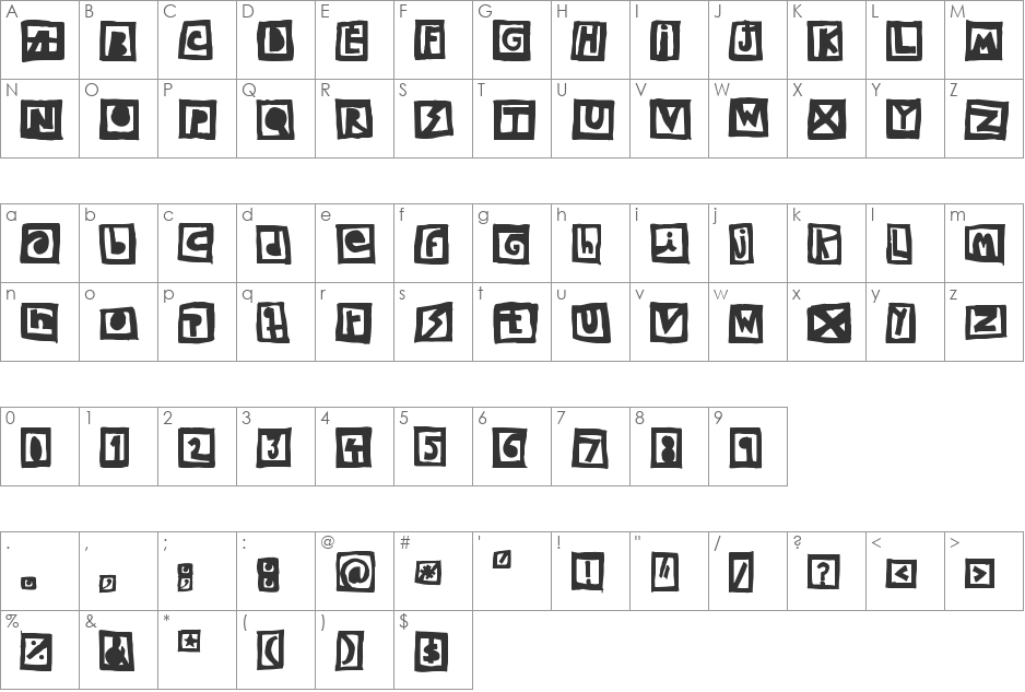 Woodcutter Black Square font character map preview