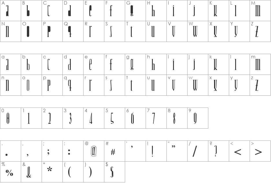 Woodcutter Jet-Set font character map preview