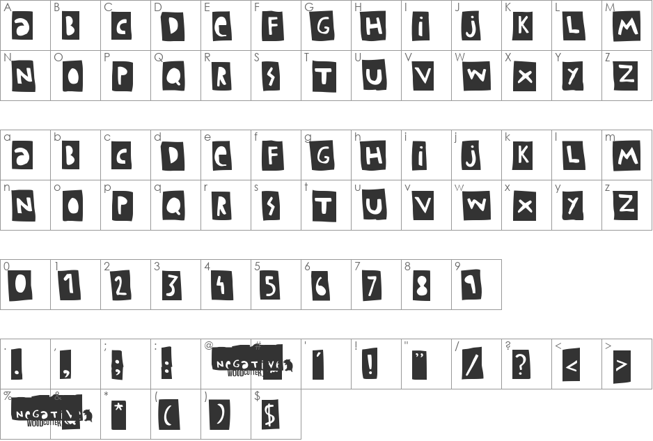 Woodcutter Negative font character map preview