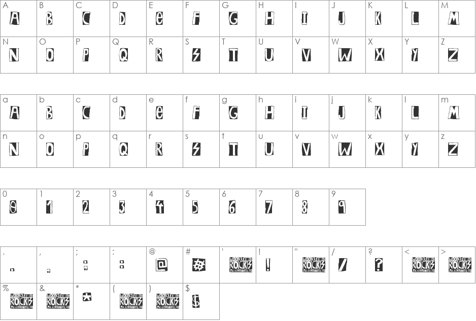 Woodcutter Rocks font character map preview