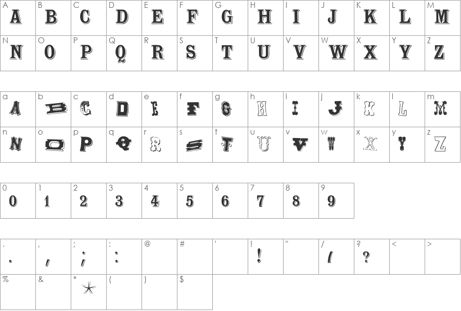WoodTypesMK font character map preview