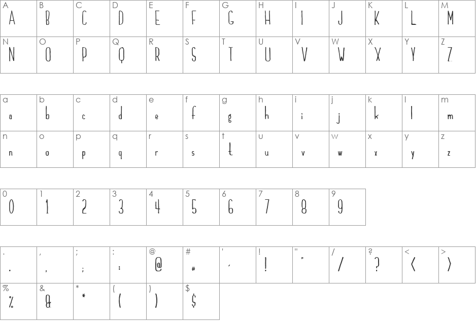 Wooster font character map preview