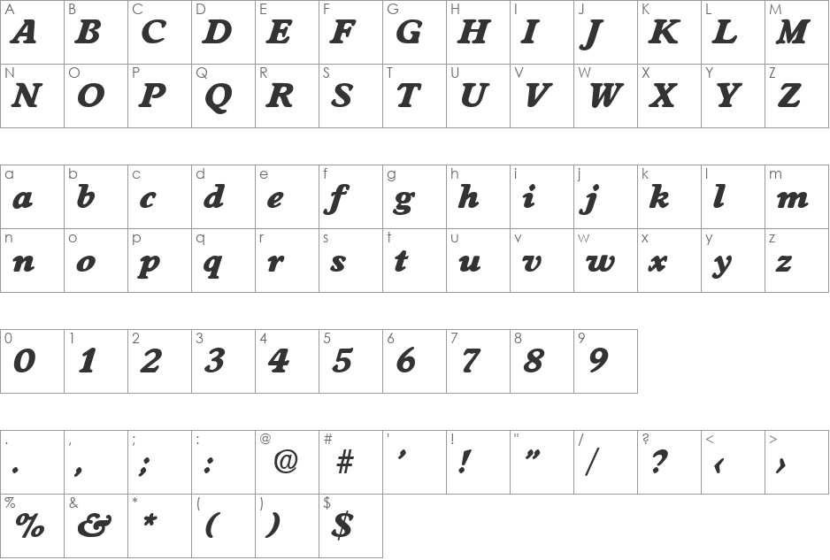 Worchester-ExtraBoldIta font character map preview