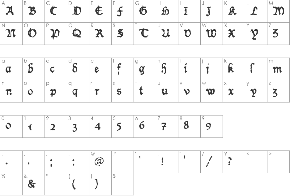 Worn Manuscript font character map preview