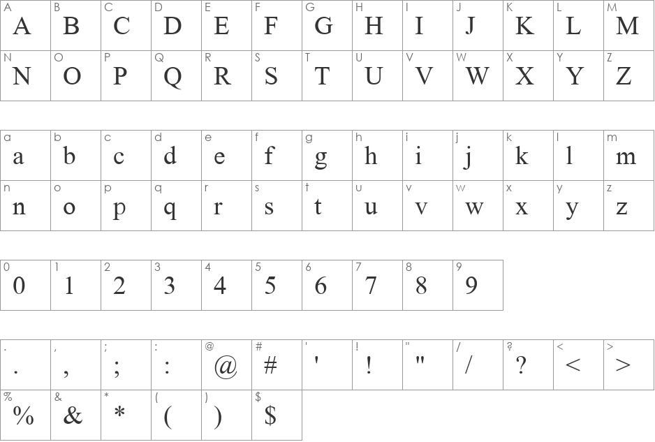 WP Standard Serif font character map preview