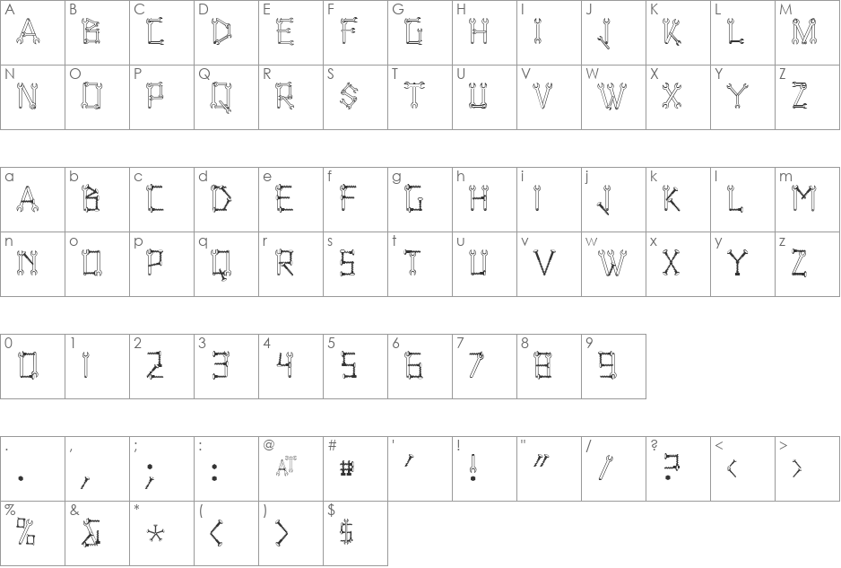 WrenchedLetters font character map preview