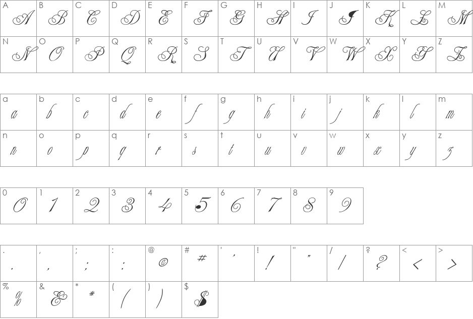 Writhling font character map preview