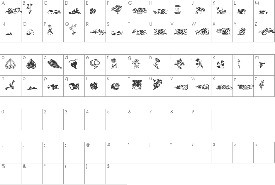 WWFloralCorner font character map preview