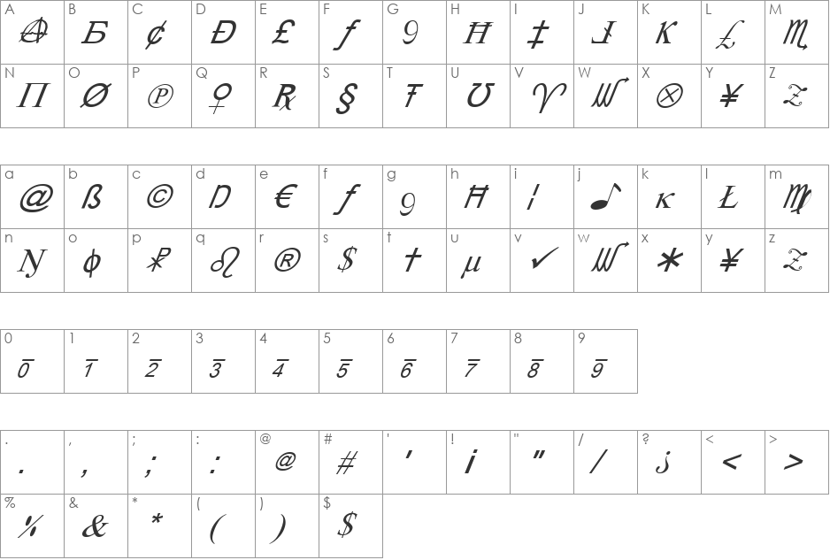 X-Cryption Italic font character map preview