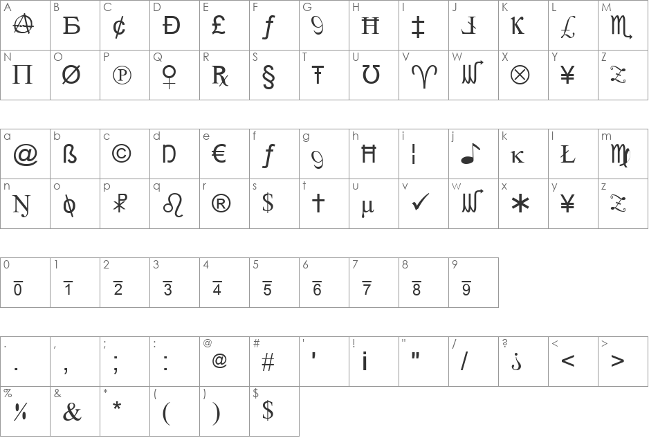 X-Cryption Light font character map preview
