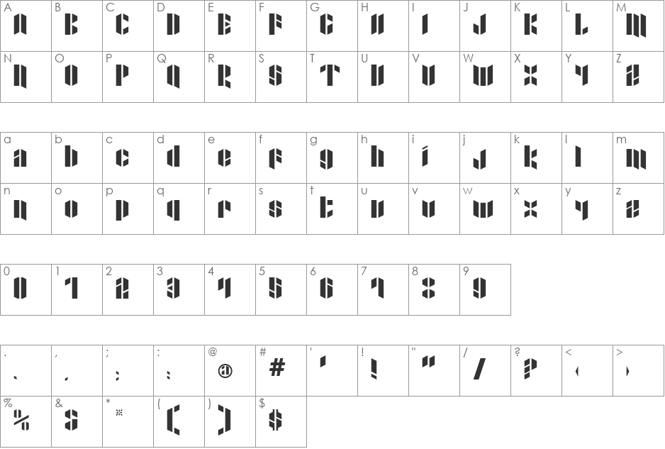 Xacto Blade font character map preview