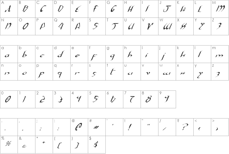 Xaphan II Expanded Italic font character map preview