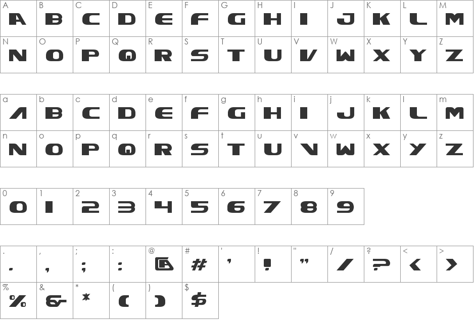 Xcelsion Shadow Italic font character map preview