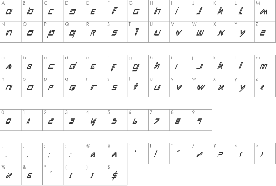Xephyr Condensed Italic font character map preview