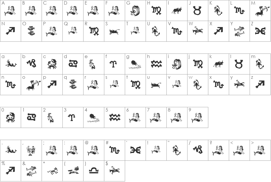 Xilo in Zodiac font character map preview