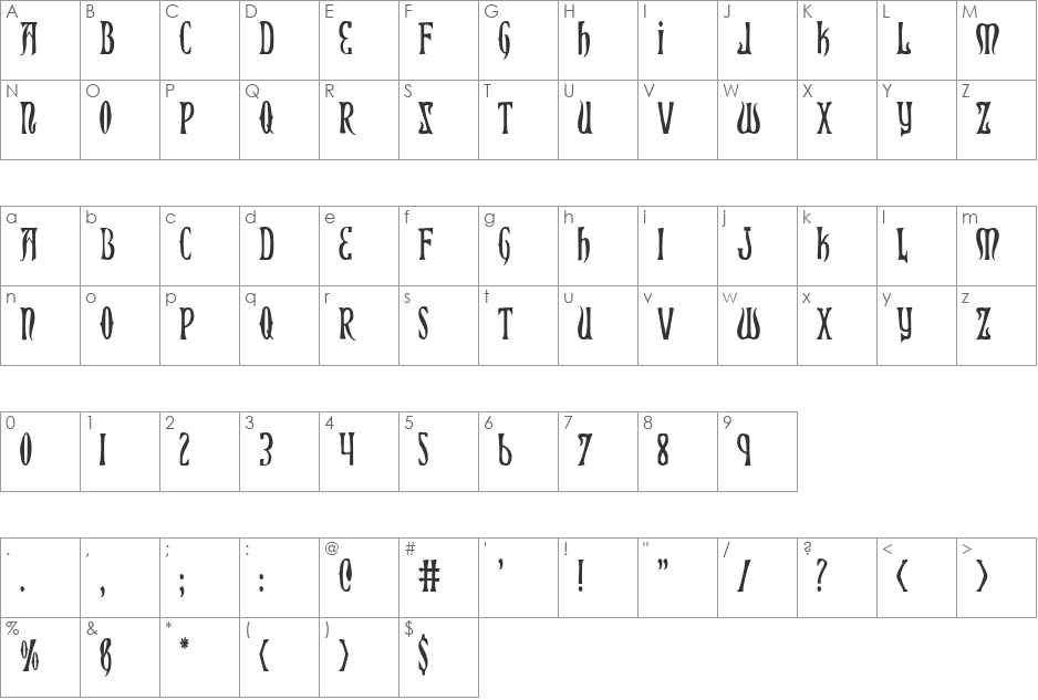 Xiphos Condensed font character map preview
