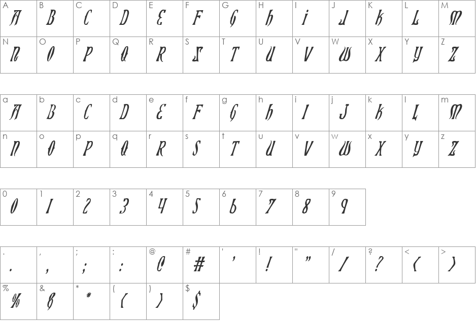 Xiphos Condensed Italic font character map preview
