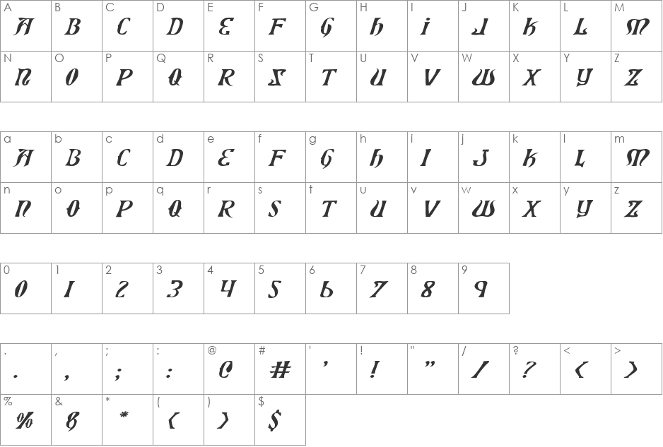 Xiphos Expanded Italic font character map preview