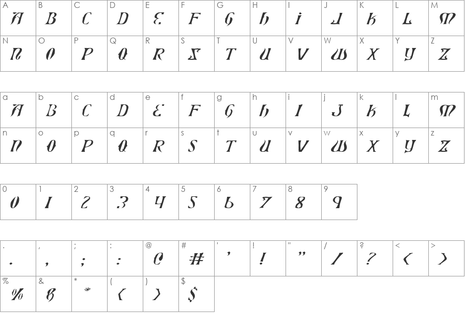 Xiphos Expanded Light Italic font character map preview
