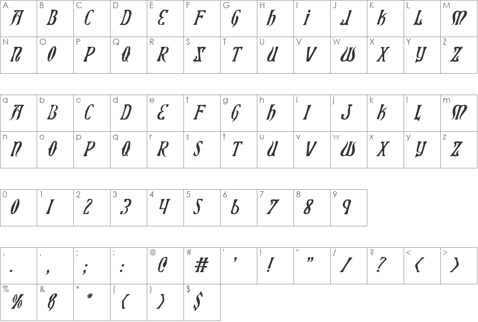 Xiphos Italic font character map preview
