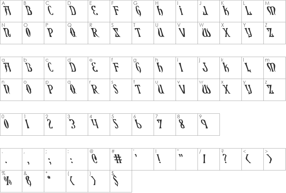 Xiphos Leftalic font character map preview