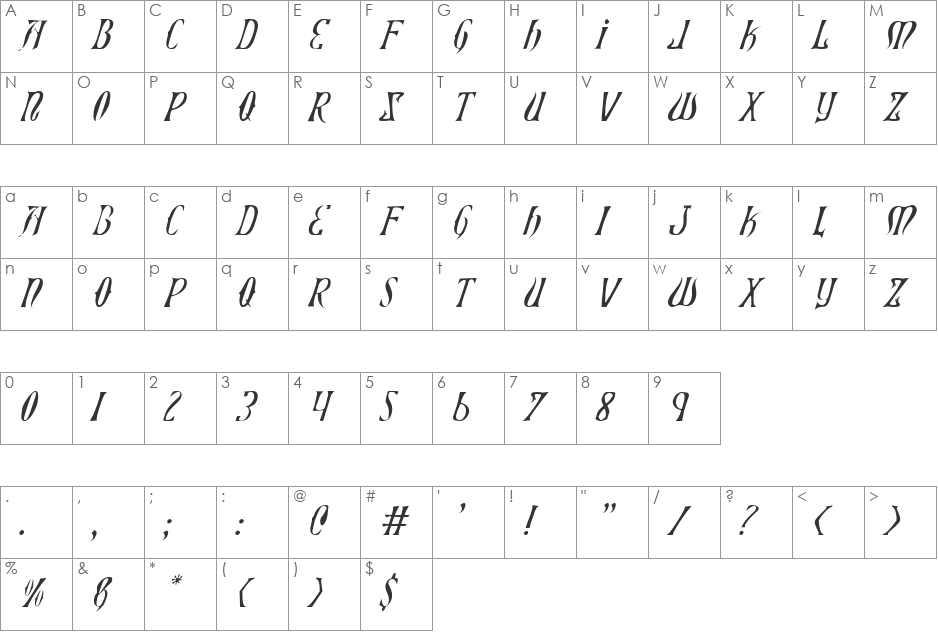 Xiphos Light Italic font character map preview