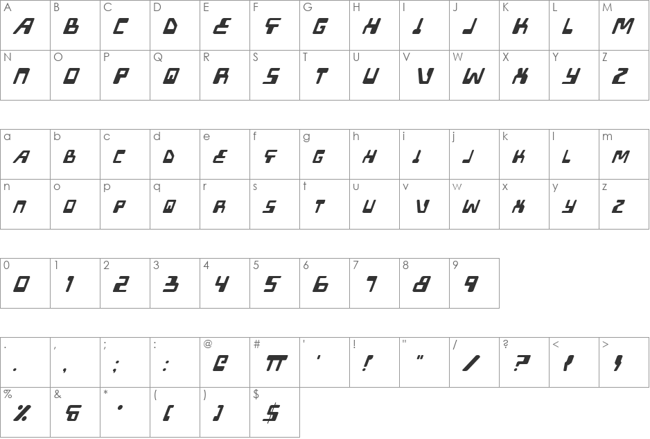 XPED Italic font character map preview