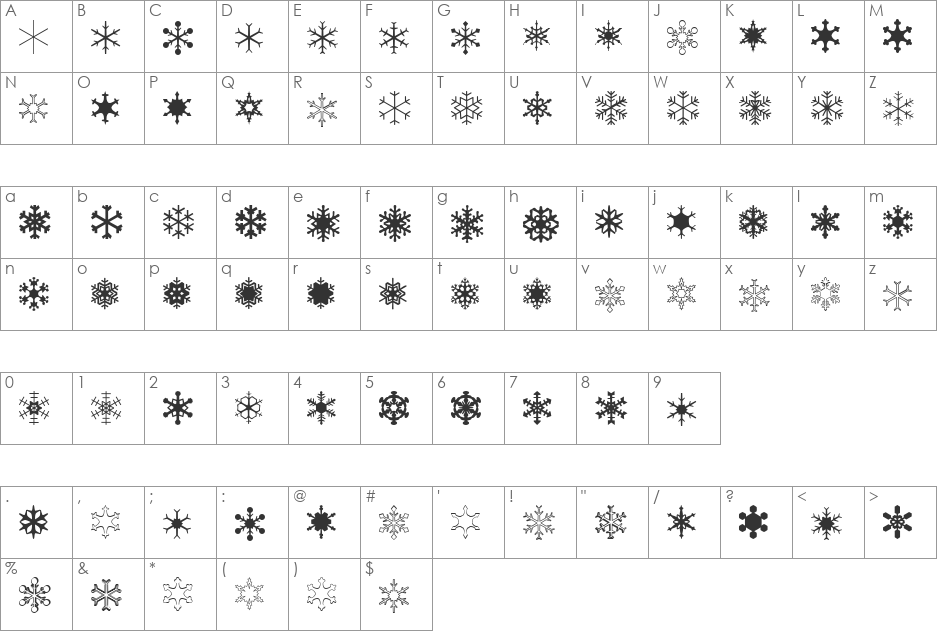 XSchneeFlaken font character map preview