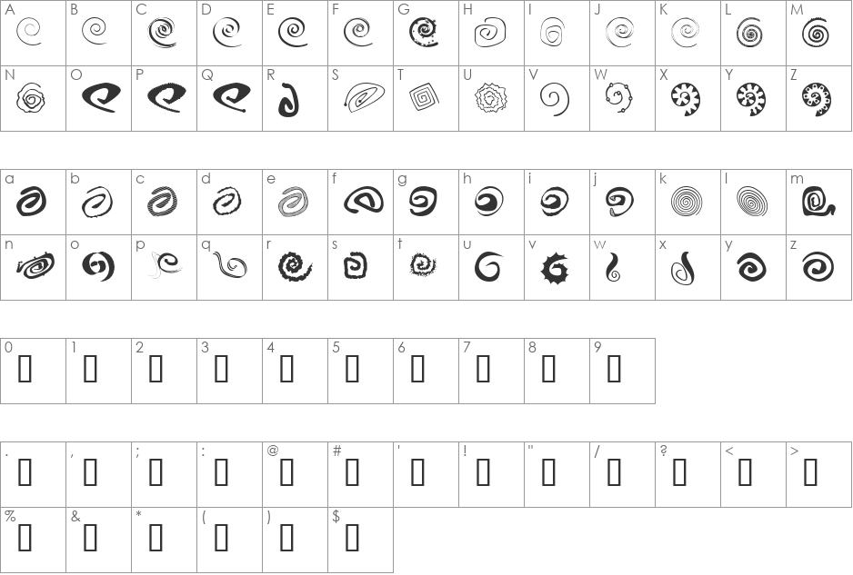 xspiralmental font character map preview