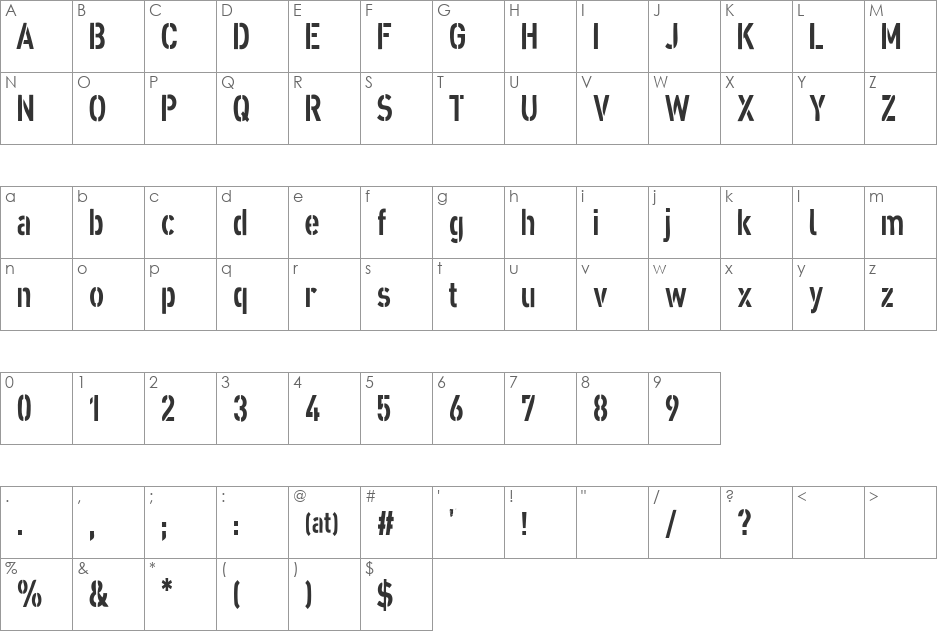 XXII ARMY font character map preview