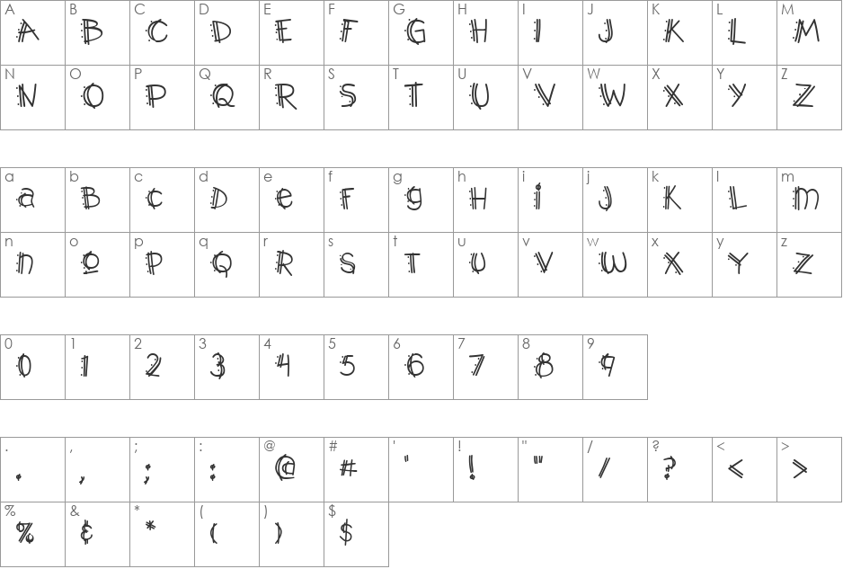 Y2K PopMuzik Outline AOE font character map preview