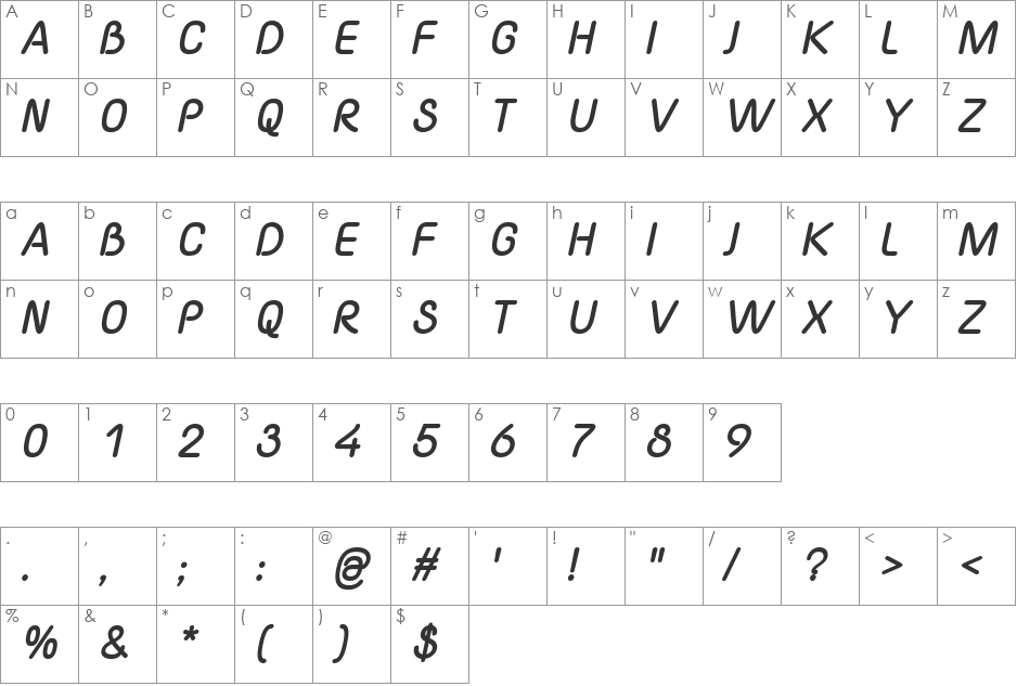 Yaahowu Thick Italic font character map preview
